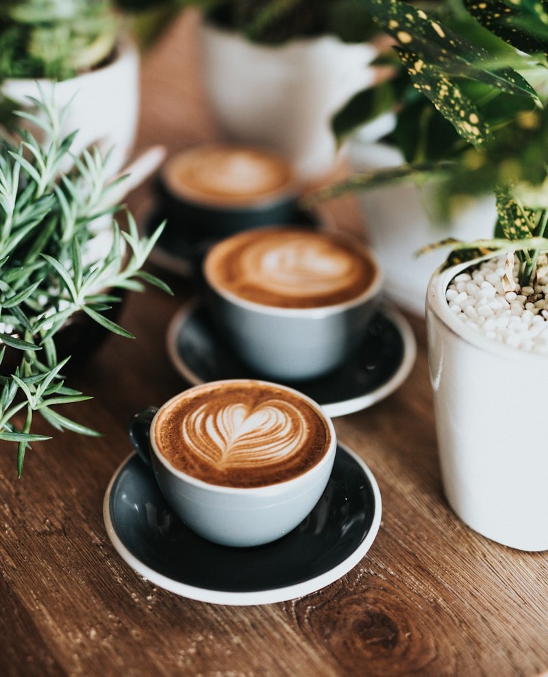 Close-up of three cups of coffee with heart-shaped latte art on a wooden table beside green potted plants
